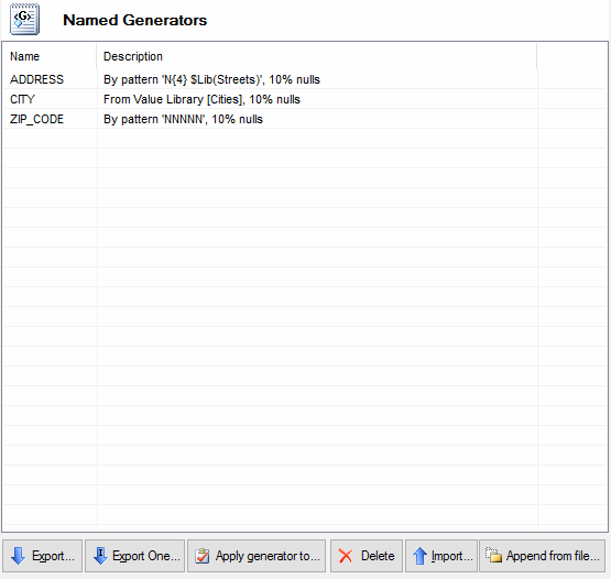 DTM Data Generator: Named Generator List screenshot